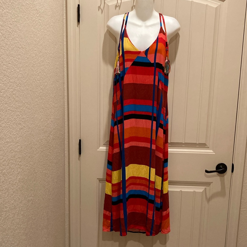 Forever 21 Size XL Boho Hippie Maxi Dress Mutlicolor Stripes Tassels Zipper Y2K